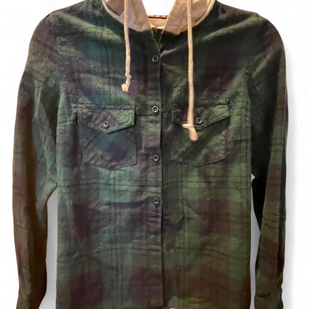 Love Tree Green and Navy Plaid Shirt with Hood